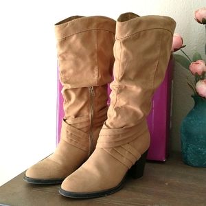 Rampage scrunch mid calf boots, 8M, tan/micro